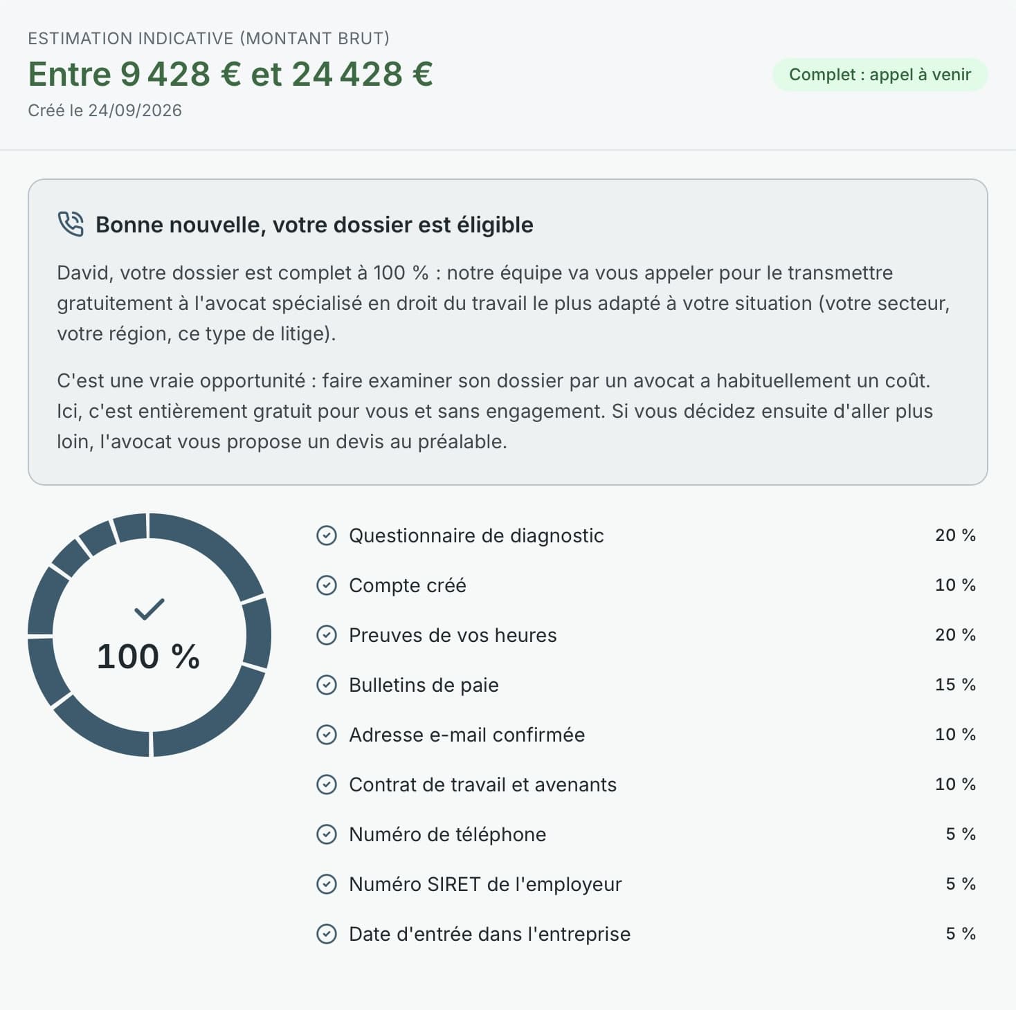 Exemple d'estimation affinée : dossier complet à 100 %, avec l'anneau de progression et la liste des pièces fournies.